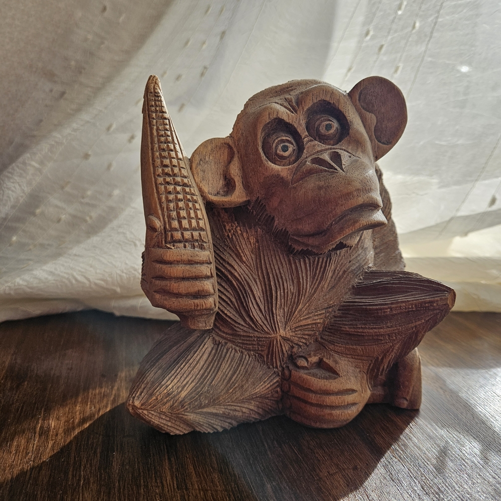 Artisan Wood Carved Monkey Sculpture Brown